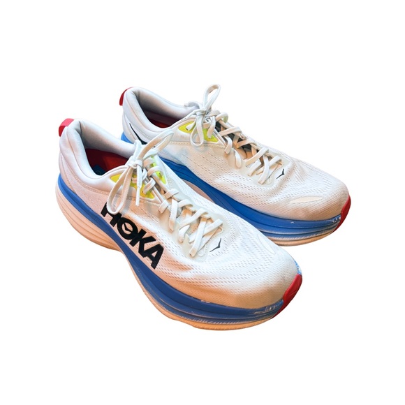 HOKA Bondi 8 Men’s Running Shoes Size 12.5 D Blue/White Worn Heel Damage - Picture 2 of 11